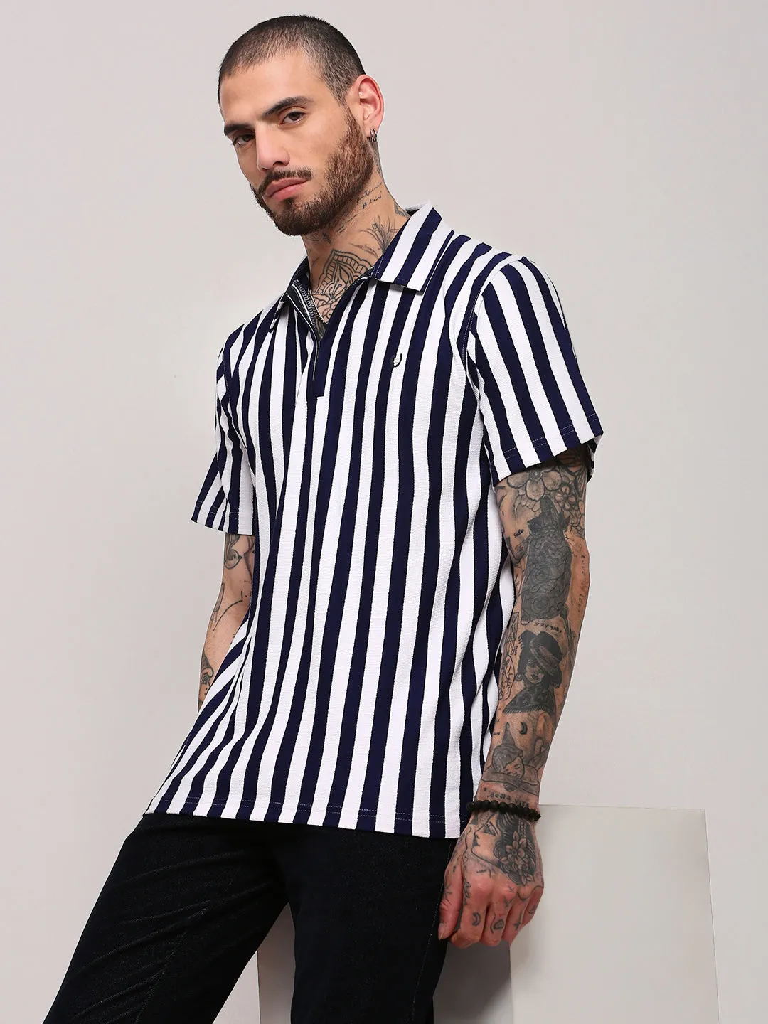 Men's Navy Blue Striped Classic T-Shirt LowBulkFabric ThermalRegulatingFabric