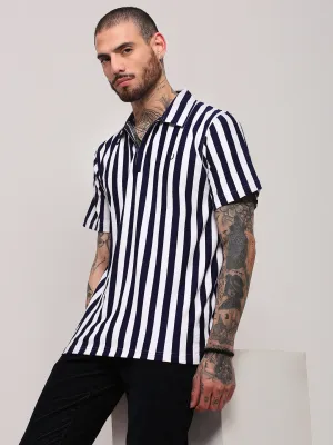 Men's Navy Blue Striped Classic T-Shirt LowBulkFabric ThermalRegulatingFabric
