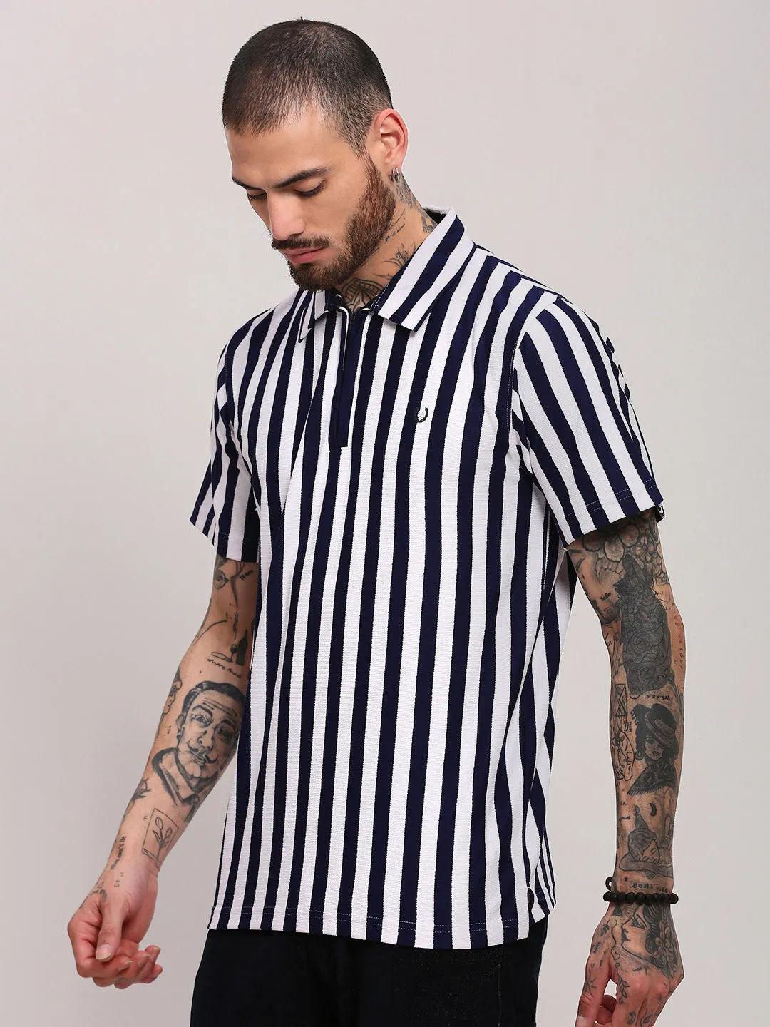 Creative Glow MeshVentilation Men's Navy Blue Striped Classic T-Shirt