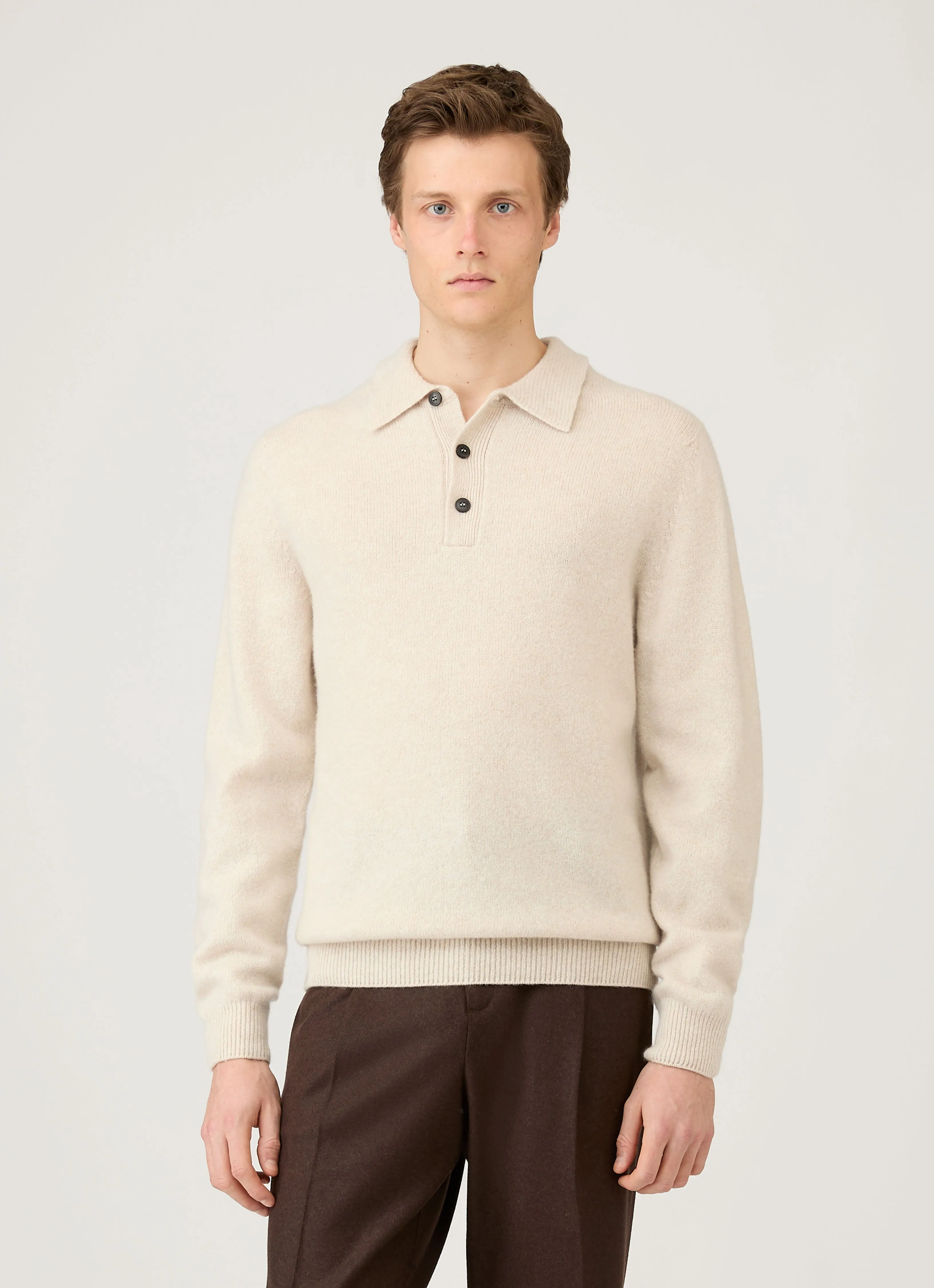 Fall Fashion Drop Shoulder Men's Lambswool Polo Shirt in Oatmeal Melange