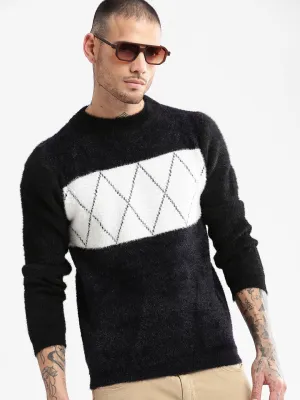 Thermal Insulation Knits City Casual Style Men's Round Neck Self Design Black Casual Pullover