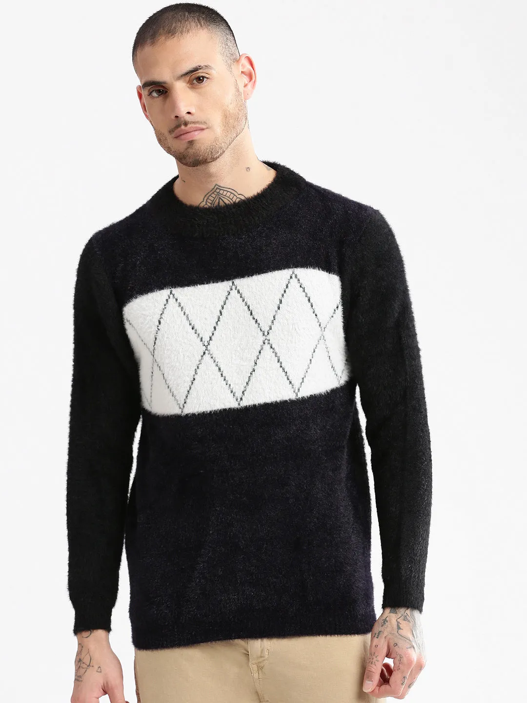 Seasonless Style Men's Round Neck Self Design Black Casual Pullover