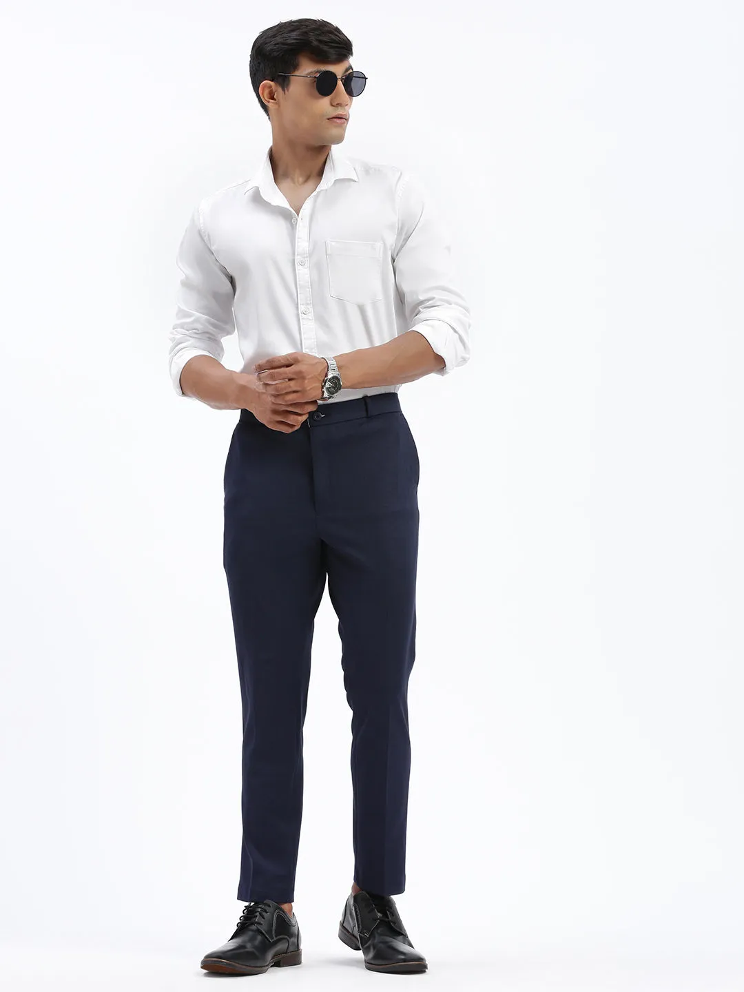 Men's Navy Blue Comfort Slim Fit Low-Rise Formal Trousers Quick Comfort Design Double Layered Hem