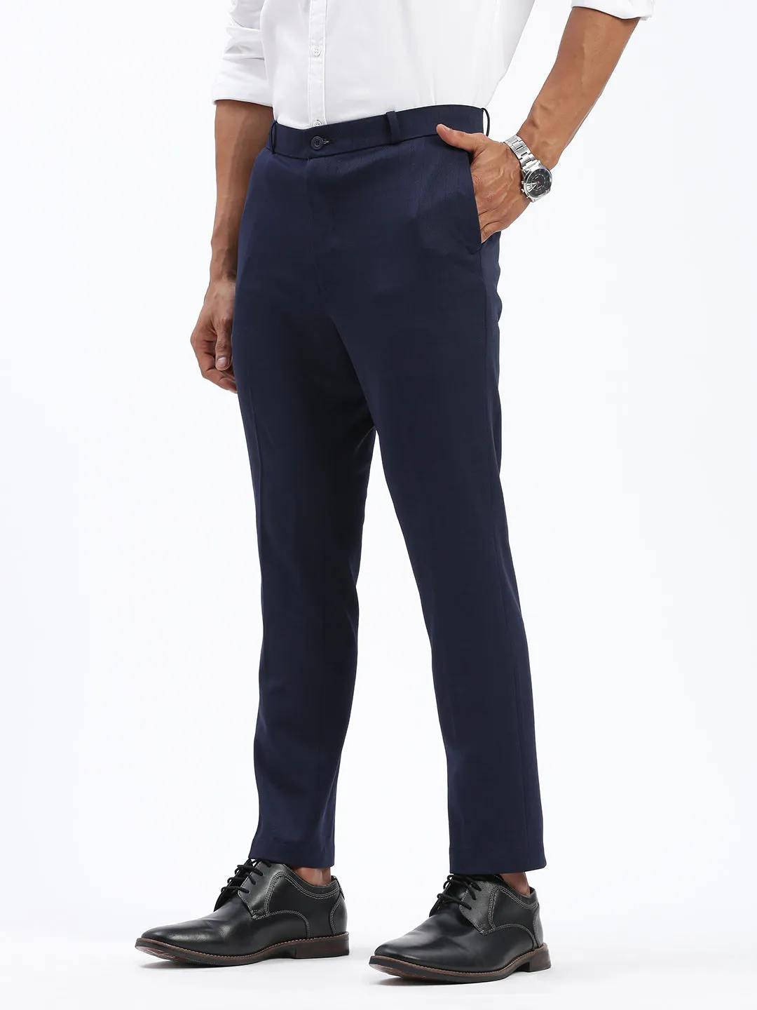 Decorative stitching Urban Cool Men's Navy Blue Comfort Slim Fit Low-Rise Formal Trousers