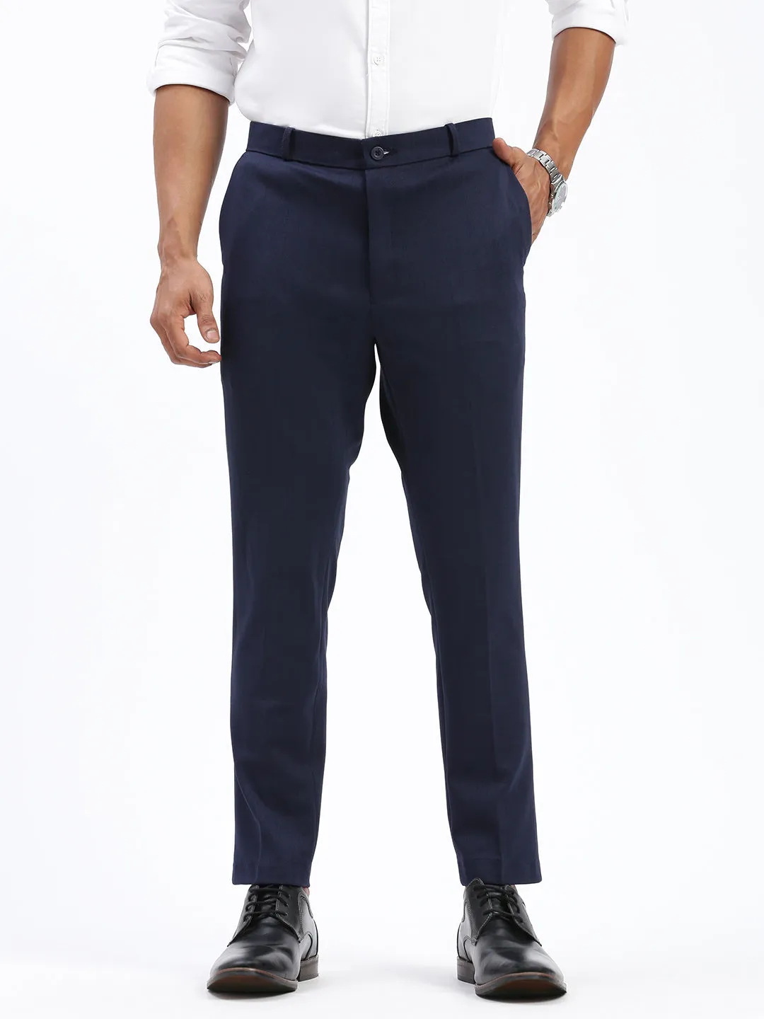 Essential Waist Men's Navy Blue Comfort Slim Fit Low-Rise Formal Trousers