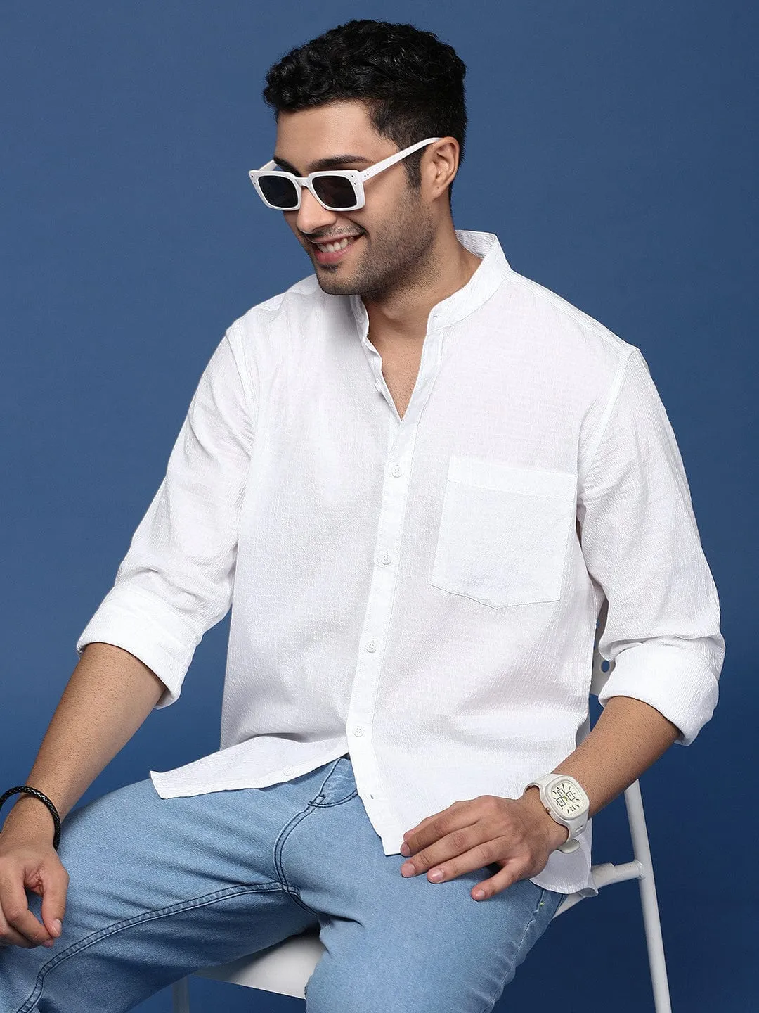 Layered Paneling Men's White Solid Textured Cotton Standard Slim Fit Casual Shirt