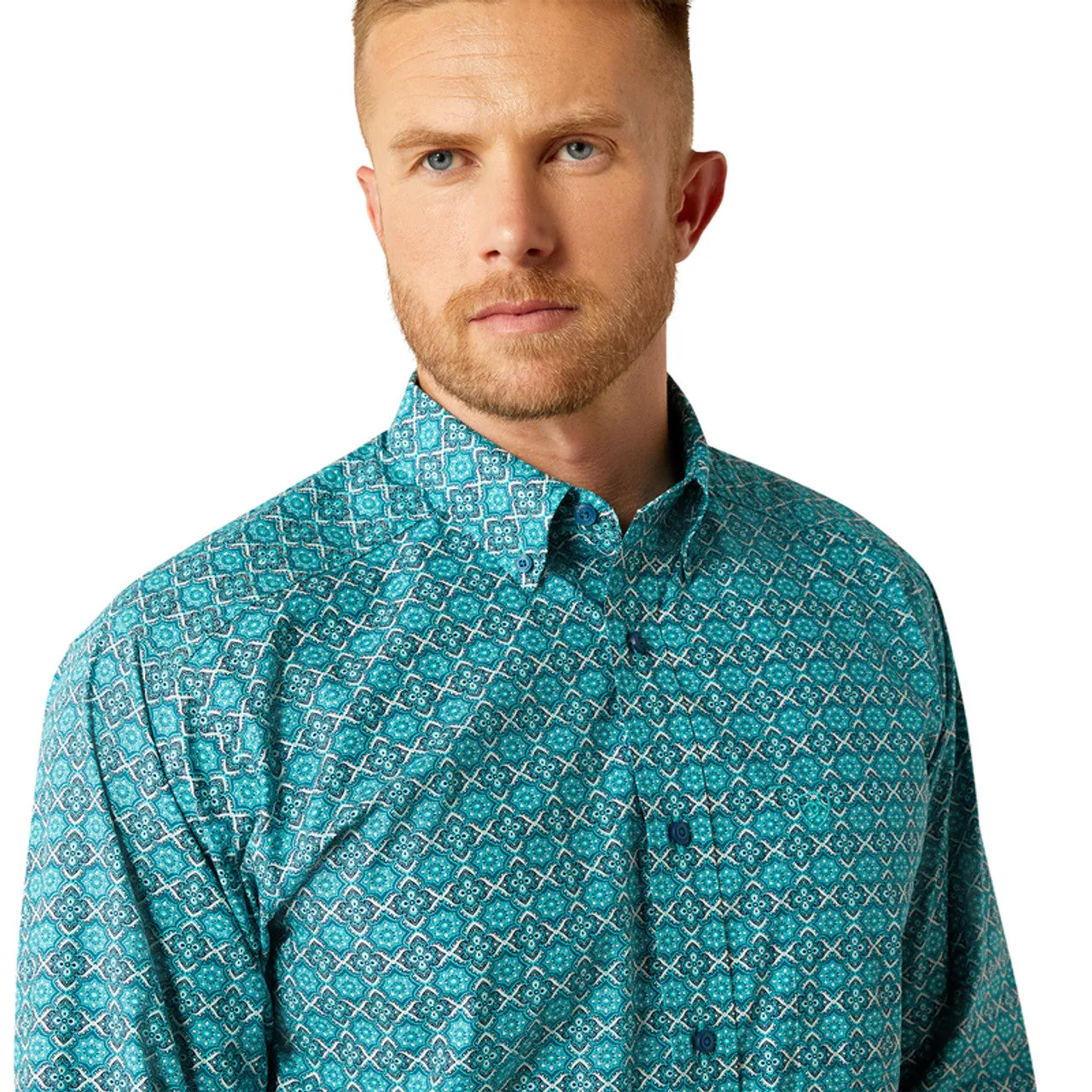 short sleeved Casual Flex Fit Ariat Men's L/S Jordy Classic Fit Western Button Down Shirt in Blue Medallion