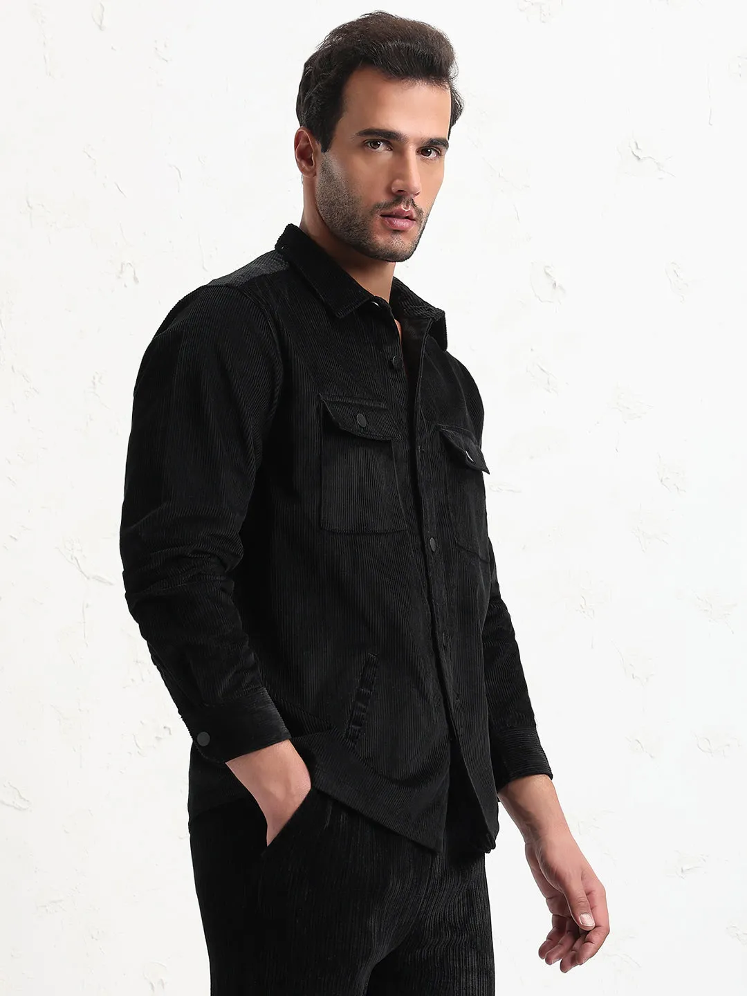 QuickDry Technology NonRestrictiveCut Men's Black Solid Slim Fit Shirt