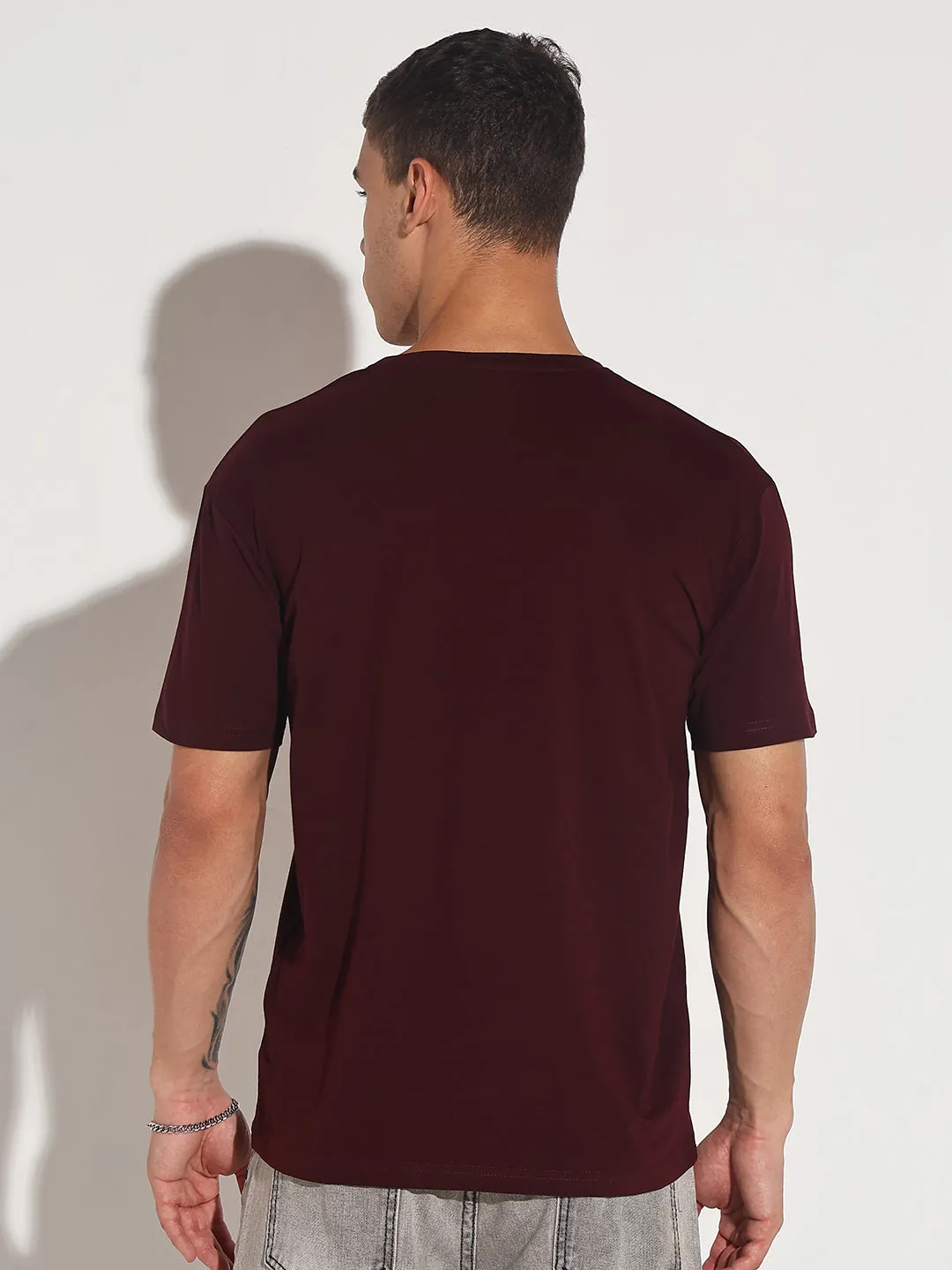 Clean Fit Men's Typography Burgundy Textured Print Round Neck Regular Fit T-Shirt