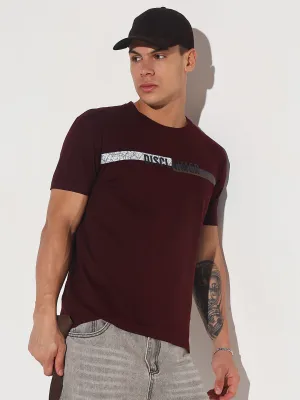 Stylish Jumper Men's Typography Burgundy Textured Print Round Neck Regular Fit T-Shirt