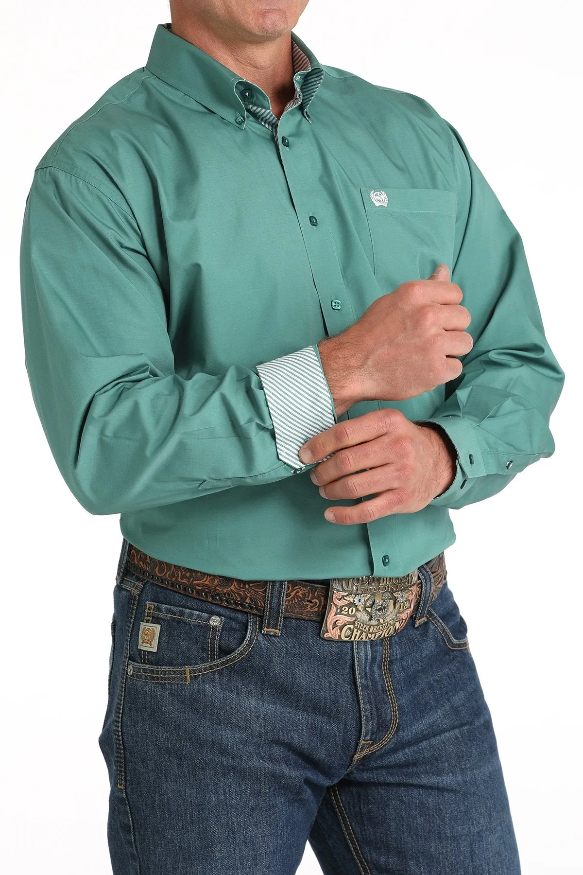 Cinch Men's L/S Classic Fit Solid Western Button Down Shirt in Green Anti Pilling Surface