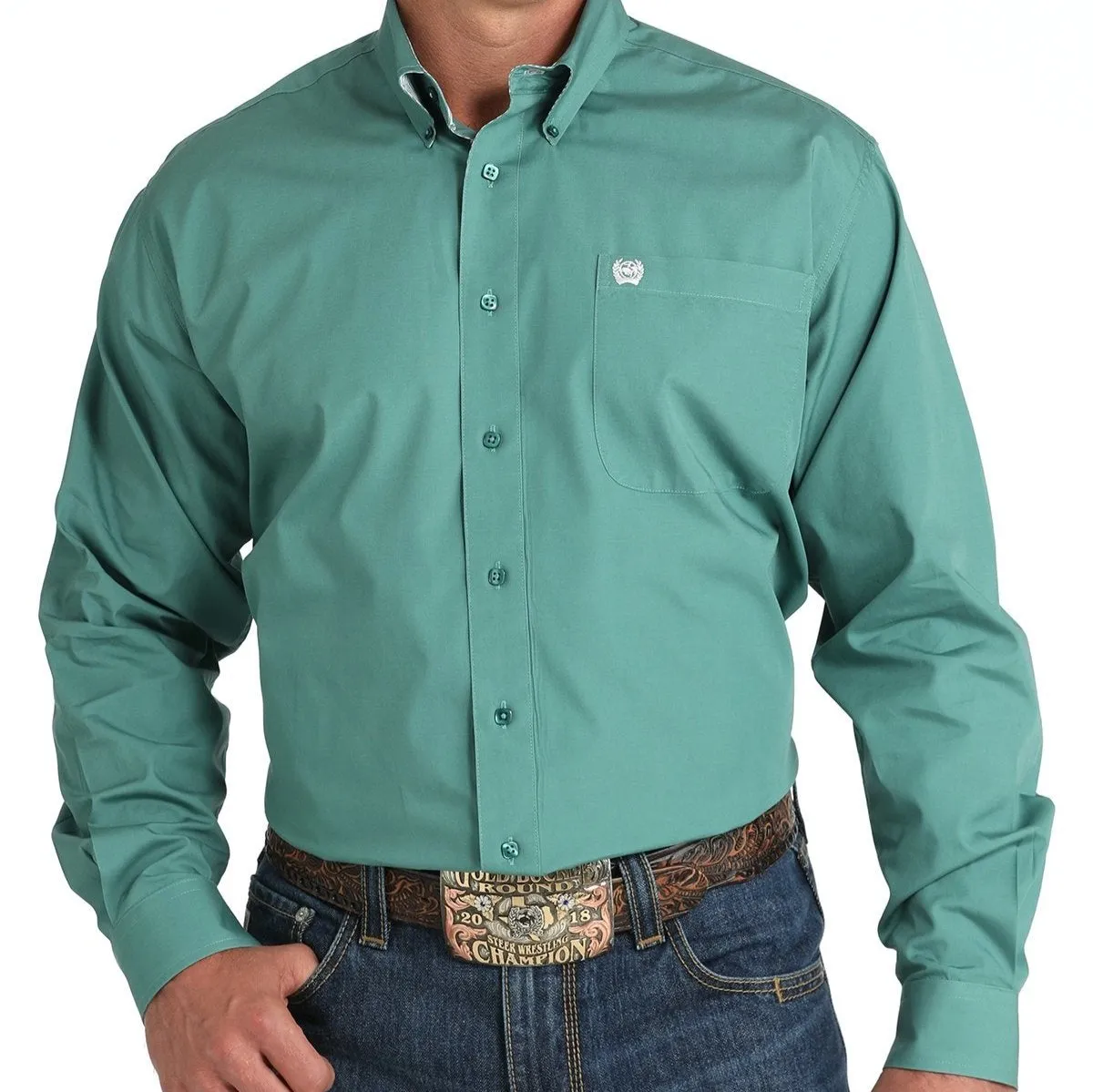 Lightweight Comfort Wear Cinch Men's L/S Classic Fit Solid Western Button Down Shirt in Green