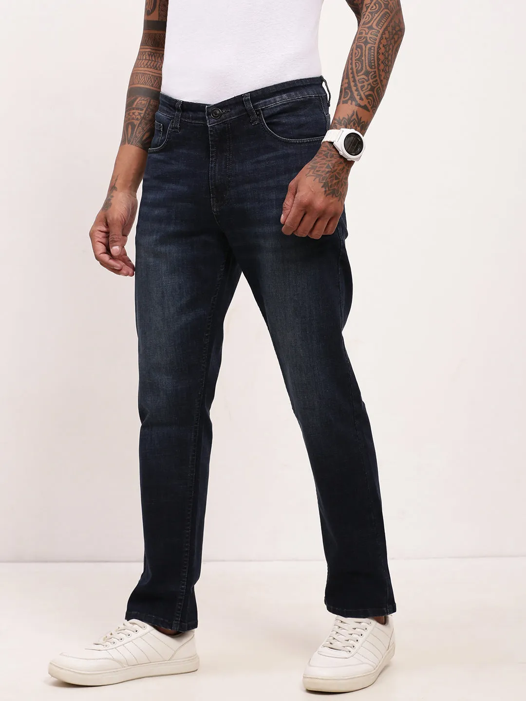 Men's Navy Blue Comfort Straight Fit Mid-Rise Light Fade Acid Wash Cotton Jeans Moisture Wicking Technology