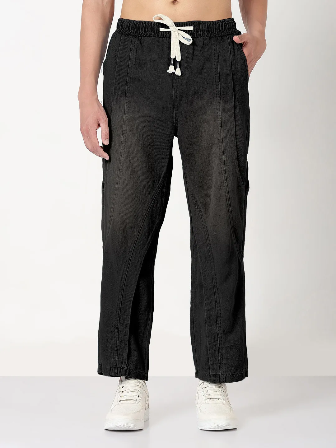 Daily Basic Men's Black Washed Straight Fit Drawstring Jeans