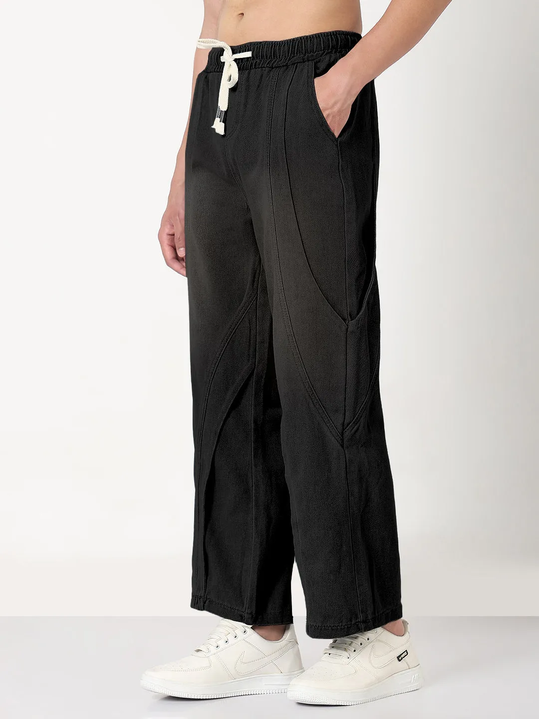 Men's Black Washed Straight Fit Drawstring Jeans Base Fit Piece Organic Cotton Material