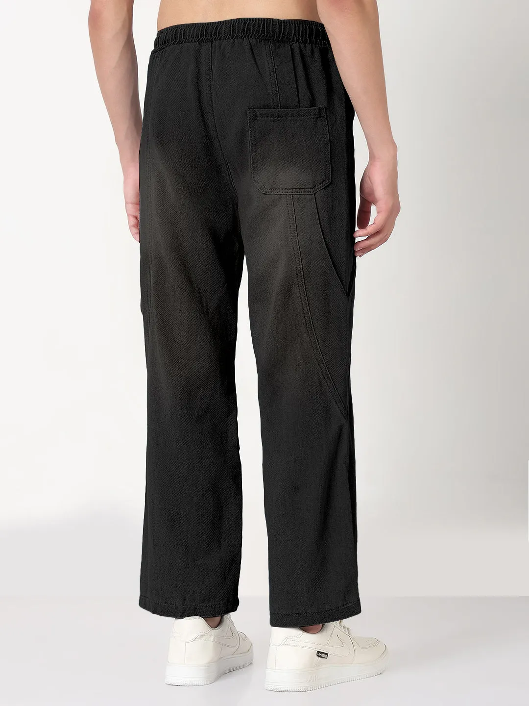 Men's Black Washed Straight Fit Drawstring Jeans Work Friendly