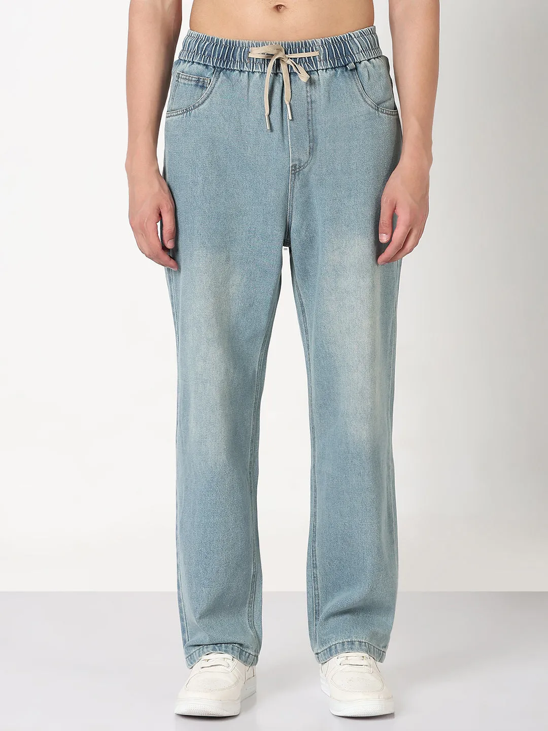 Weekend Warrior Festival Outfit Smooth Garment Dyed Texture Men's Blue Washed Straight Fit Drawstring Jeans