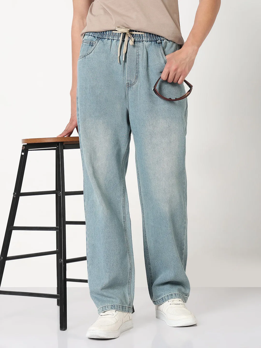 Premium Fit Men's Blue Washed Straight Fit Drawstring Jeans