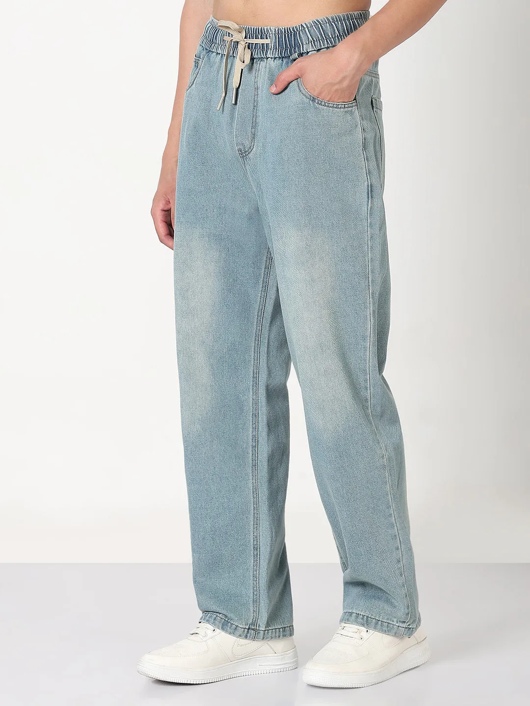 Non Toxic Textile Certified Reliable Layer Men's Blue Washed Straight Fit Drawstring Jeans