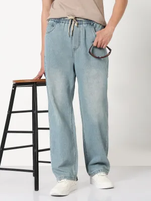 Premium Fit Men's Blue Washed Straight Fit Drawstring Jeans