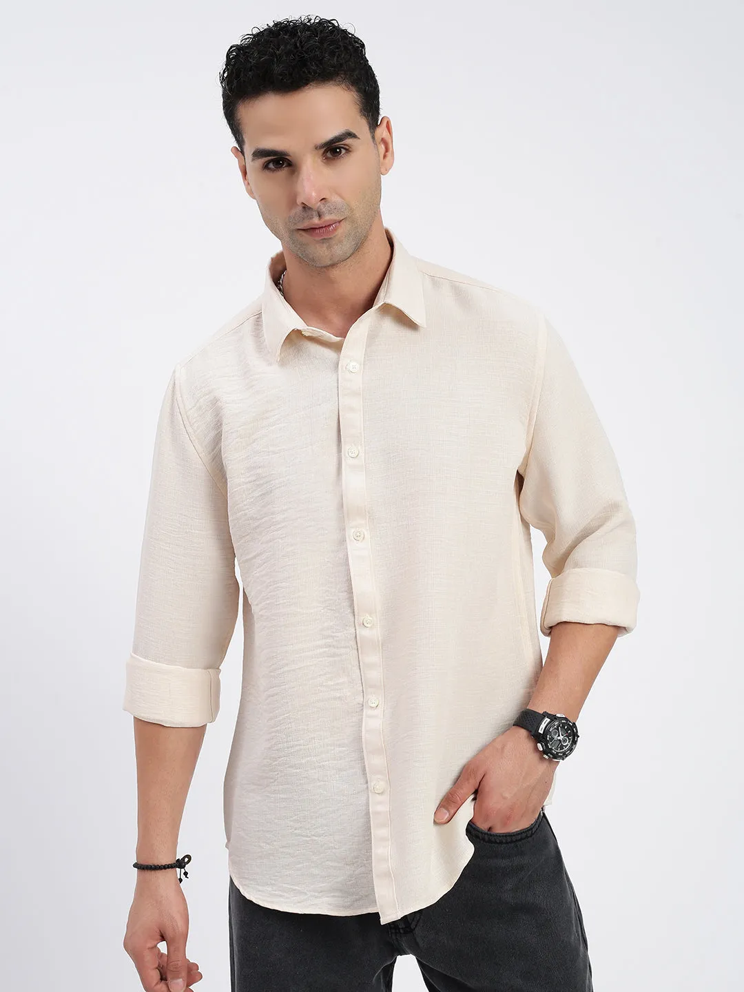 Men's Solid Cream Slim Fit Shirt Trend Glow