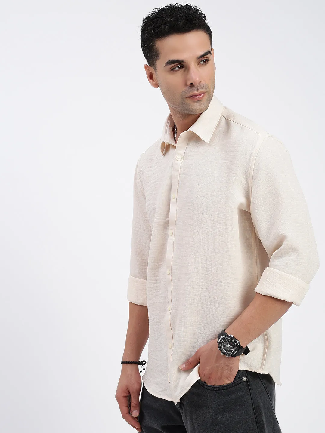 Men's Solid Cream Slim Fit Shirt NonChafe