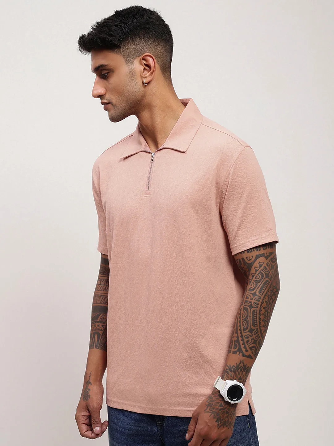 Men's Peach Solid Slim Fit Polo Neck T-Shirt Hoodie Fashion Autumn Wear