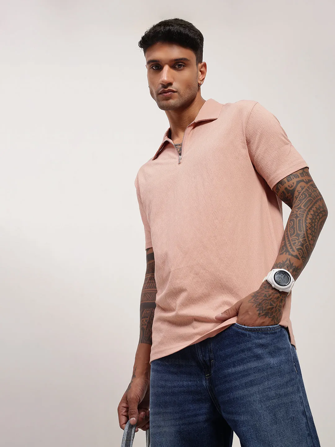 tribal print product cycling suitable endurance Men's Peach Solid Slim Fit Polo Neck T-Shirt