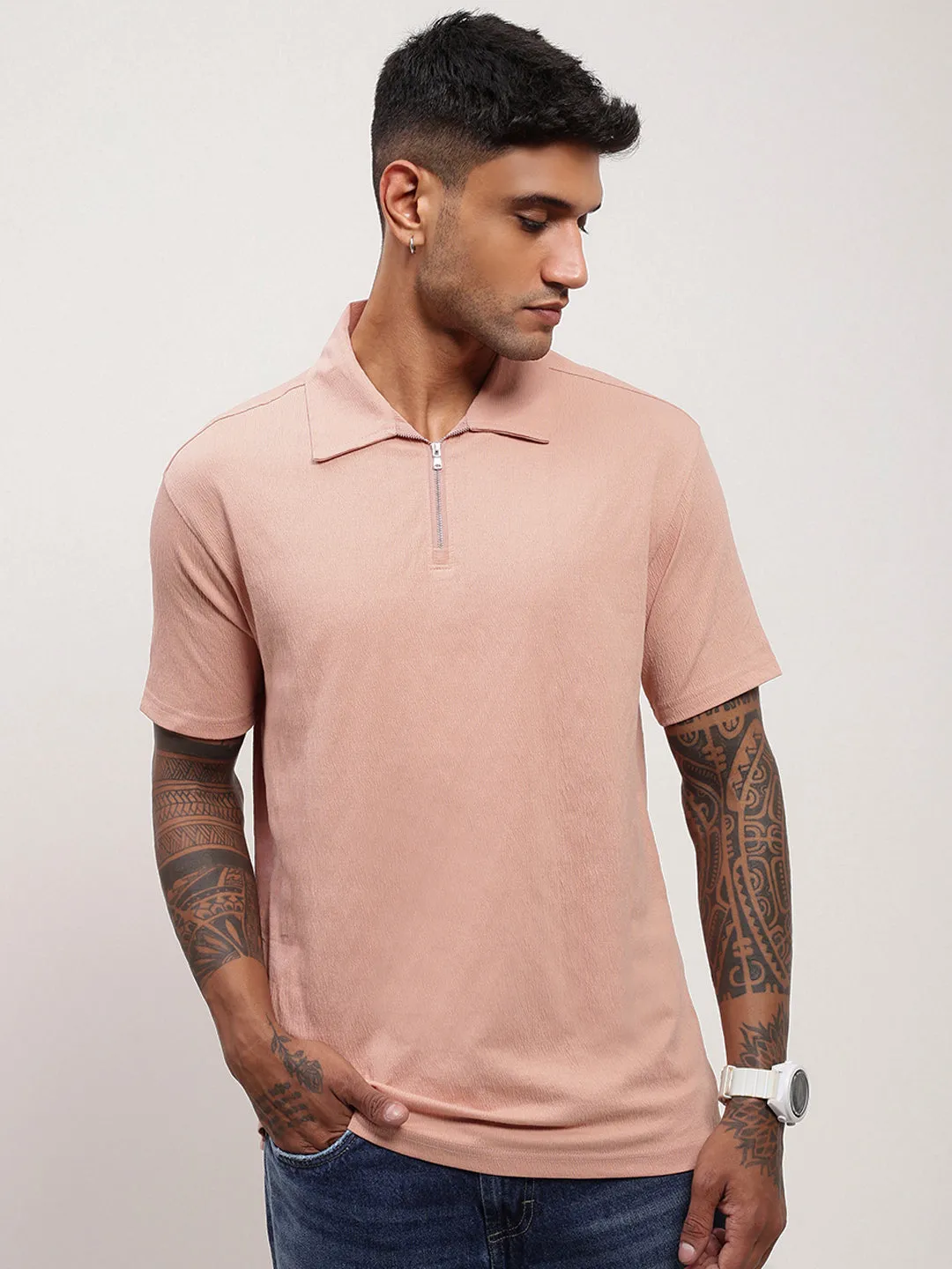 chain accents Effortless Look Men's Peach Solid Slim Fit Polo Neck T-Shirt
