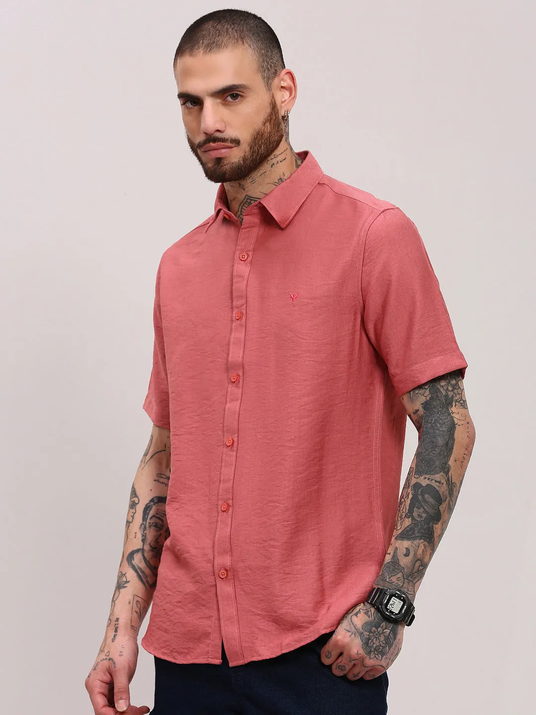 Men's Pink Comfort Spread Collar Solid Cotton Casual Shirt Easy Breath Night Out