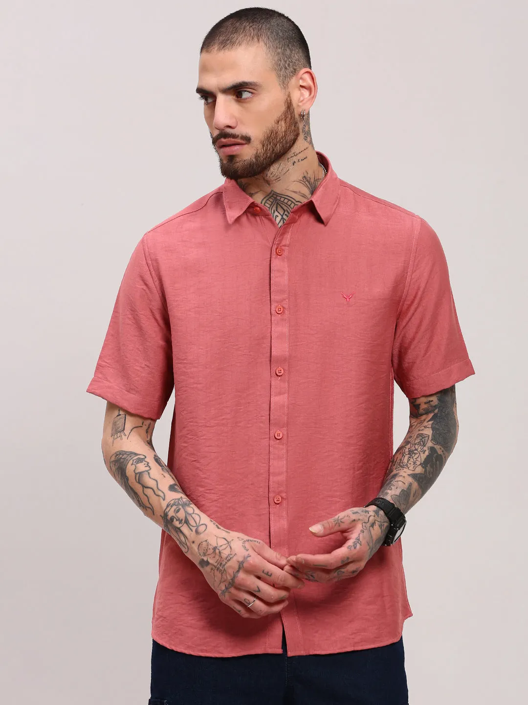 Men's Pink Comfort Spread Collar Solid Cotton Casual Shirt ErgonomicCut Layering Piece