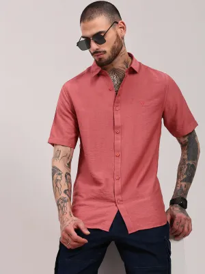 Men's Pink Comfort Spread Collar Solid Cotton Casual Shirt Concert Vibe