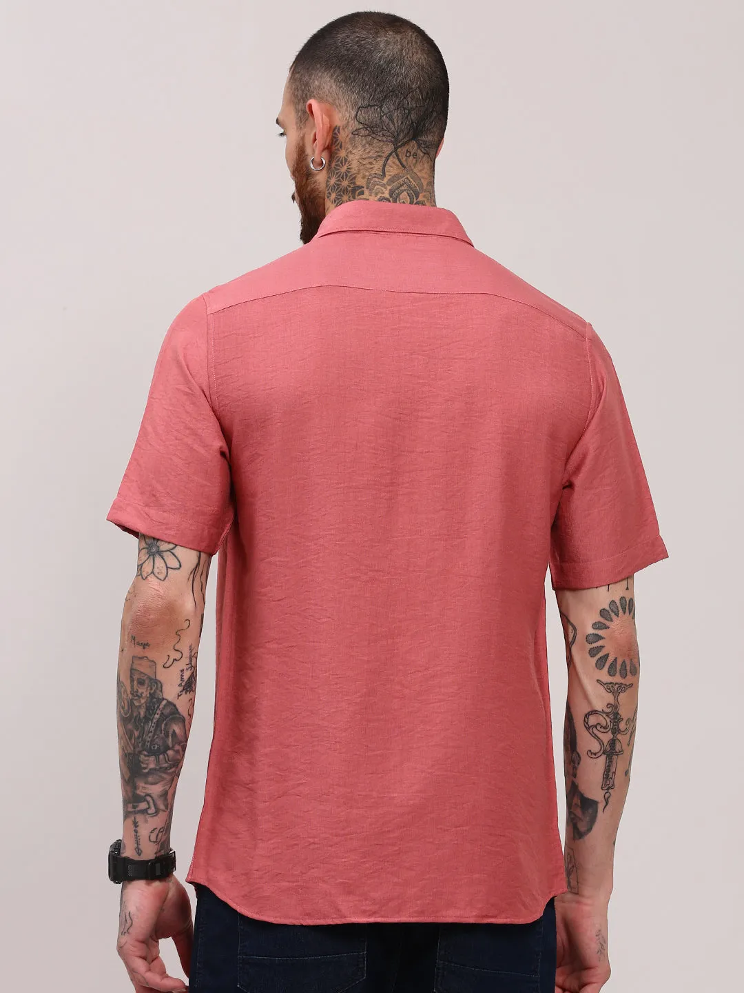 Stretchable Waistband Breezy Comfort Men's Pink Comfort Spread Collar Solid Cotton Casual Shirt