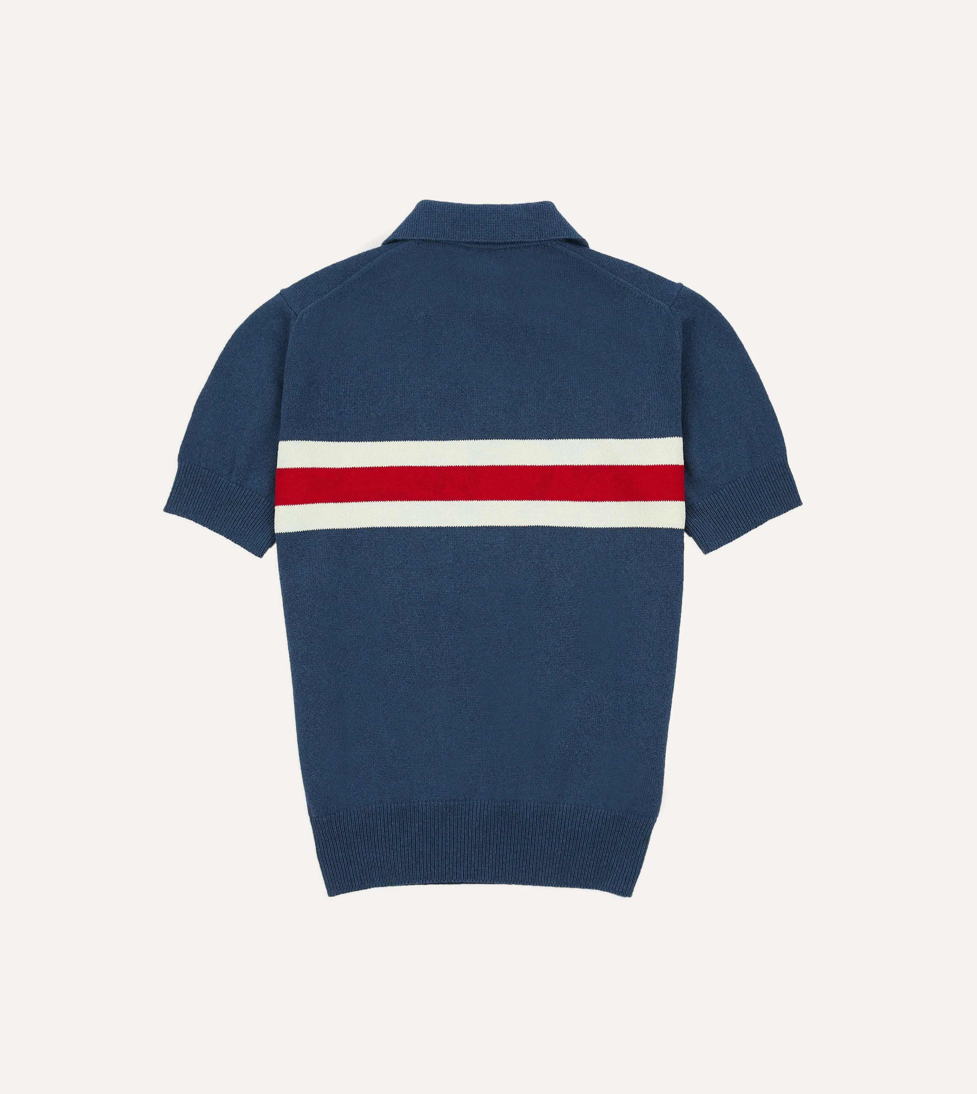 Blue Stripe Knitted Crepe Cotton Short-Sleeve Polo Shirt Casual Draping MidWeight Construction