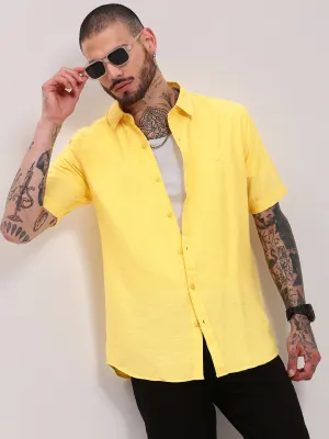 Men's Yellow Comfort Spread Collar Solid Cotton Casual Shirt Durable Reinforcements