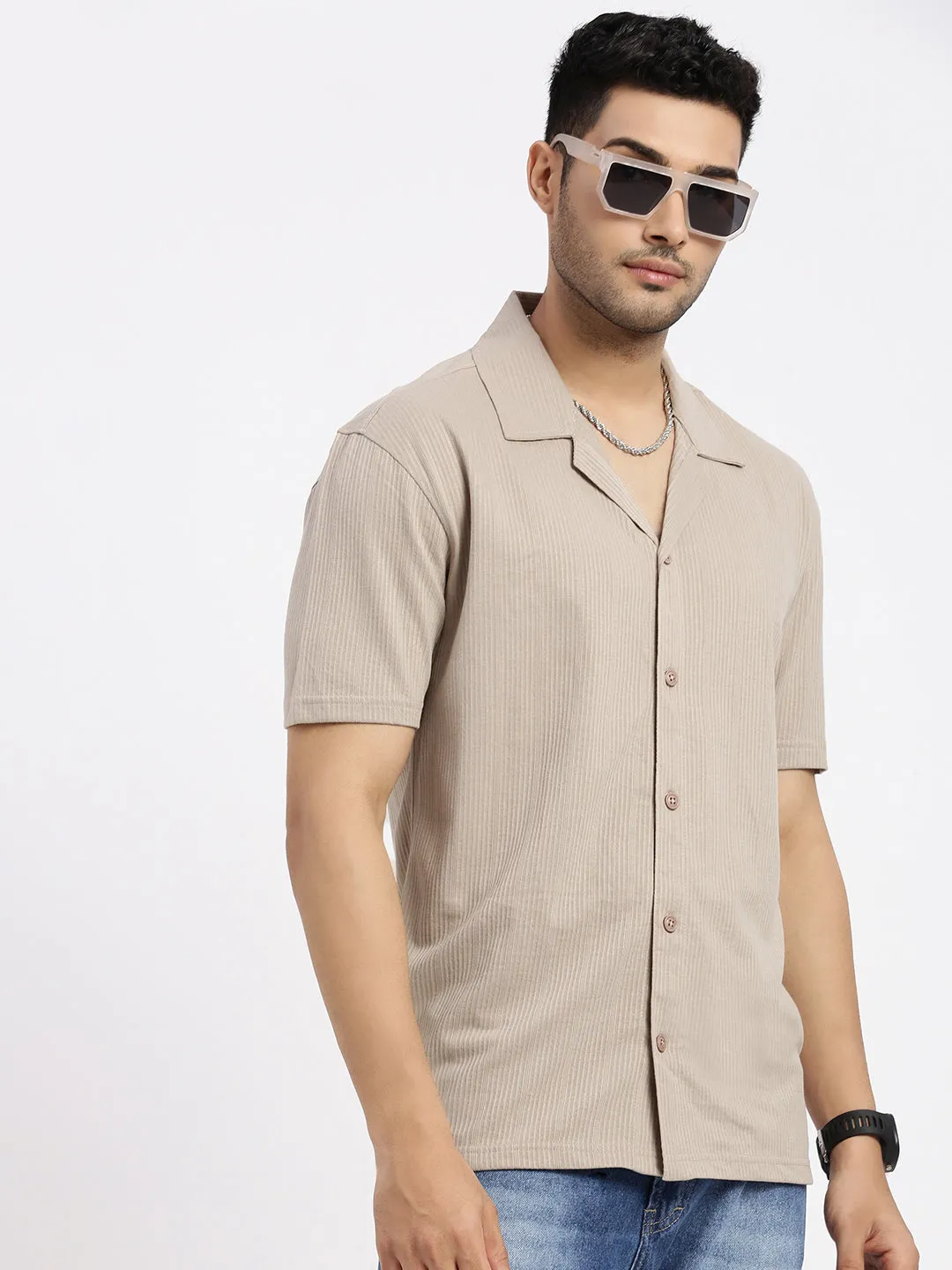 Creative Flow Men's Beige Cuban Collar Casual Solid Shirt