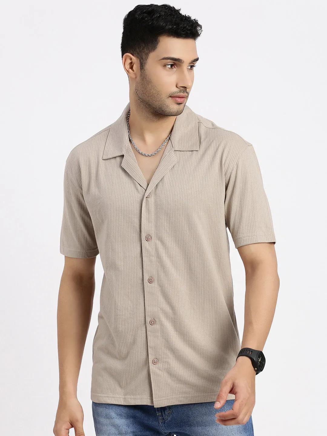 Desk Style Moon Beam Men's Beige Cuban Collar Casual Solid Shirt