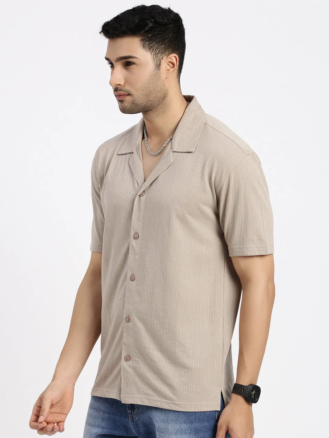 Men's Beige Cuban Collar Casual Solid Shirt Japan Neat