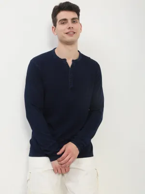 Satin Lining Blend Men's Navy Blue Solid Henley Collar T-Shirt