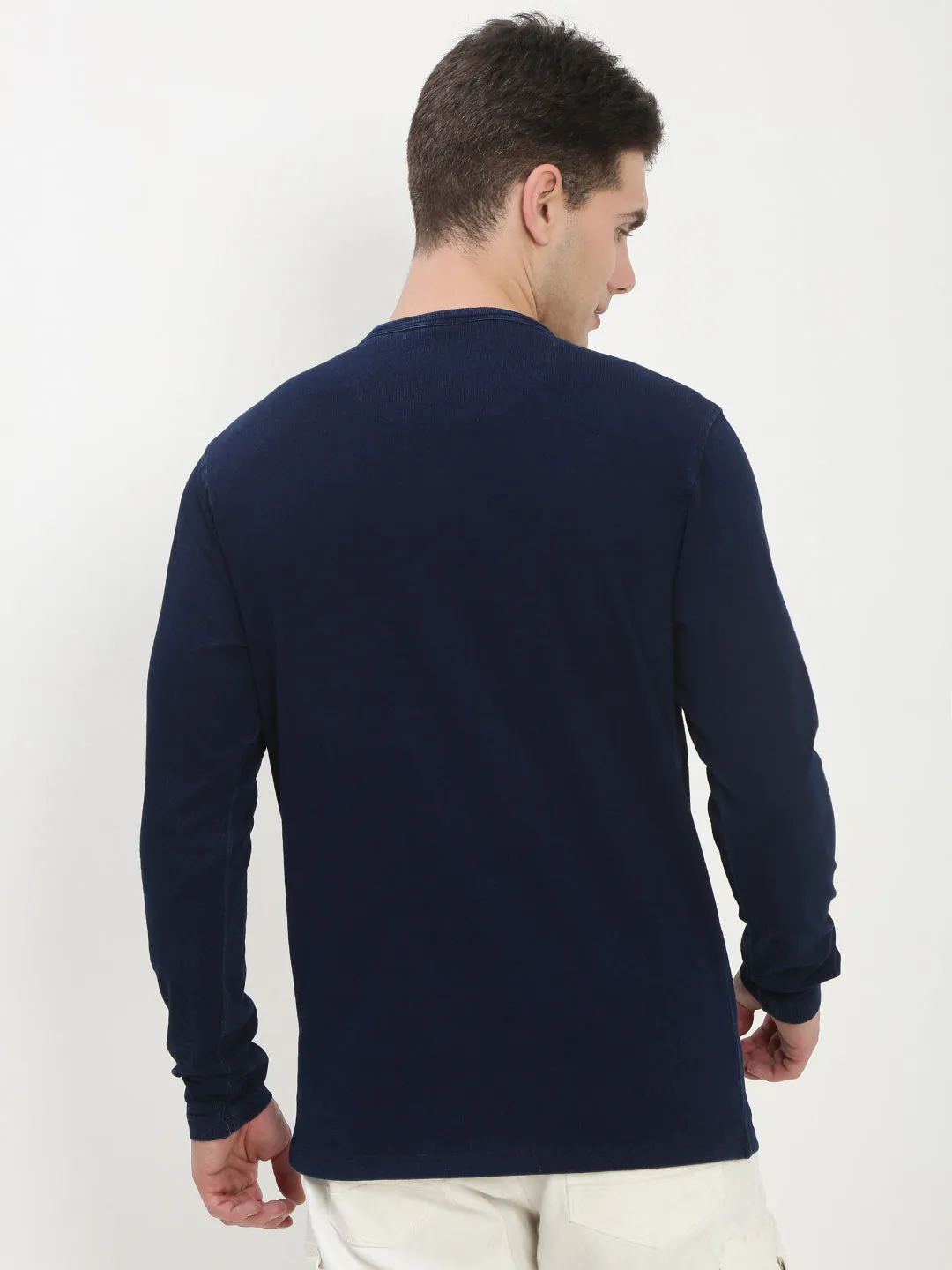 suitable for cycling Lightweight Hoodie Men's Navy Blue Solid Henley Collar T-Shirt