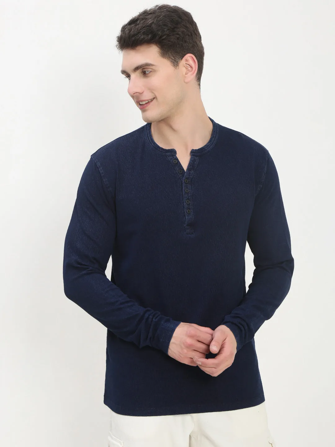 Men's Navy Blue Solid Henley Collar T-Shirt Core Fit