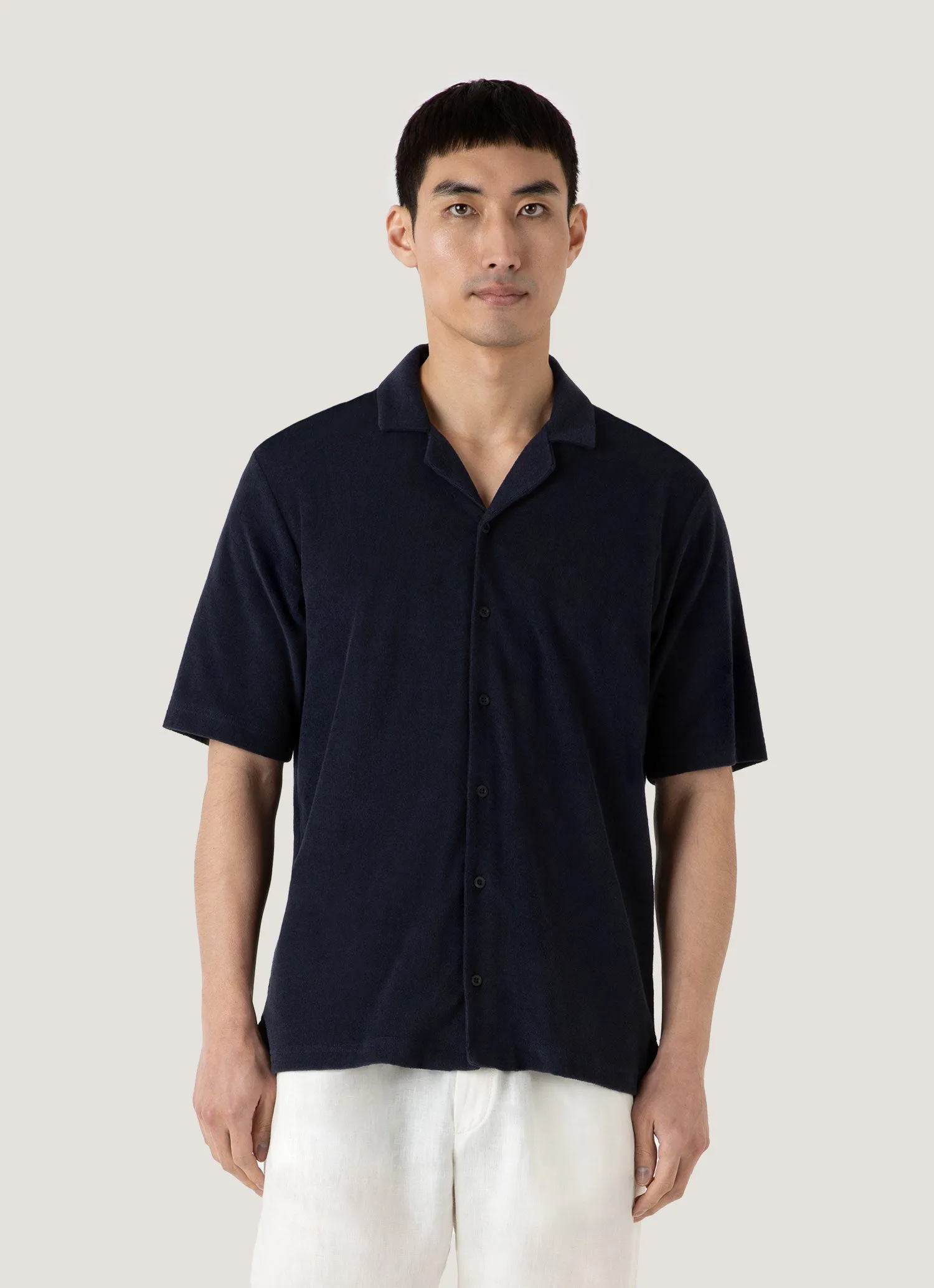 Tight Fit Men's Towelling Camp Collar Shirt in Navy