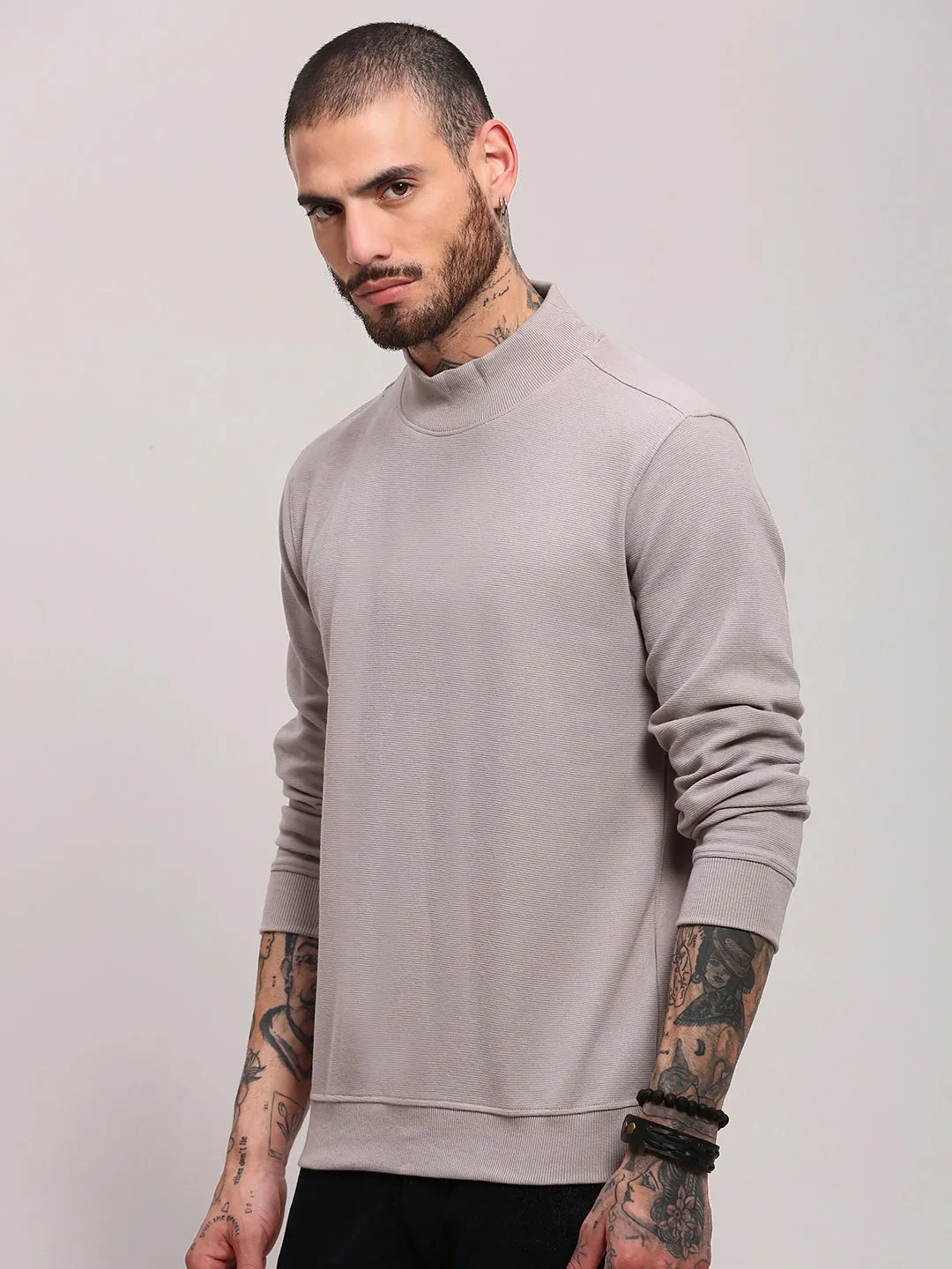 Men's Grey Solid Sweater AntiStatic Lining