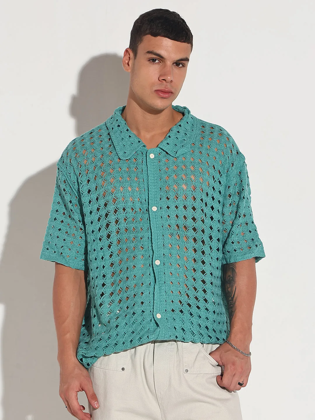 Men's Blue Crochet Open Weave Short Sleeve Shirt Silk Glow