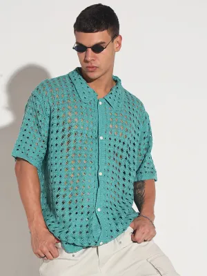 Spanish Glow Pure Linen Blend Men's Blue Crochet Open Weave Short Sleeve Shirt