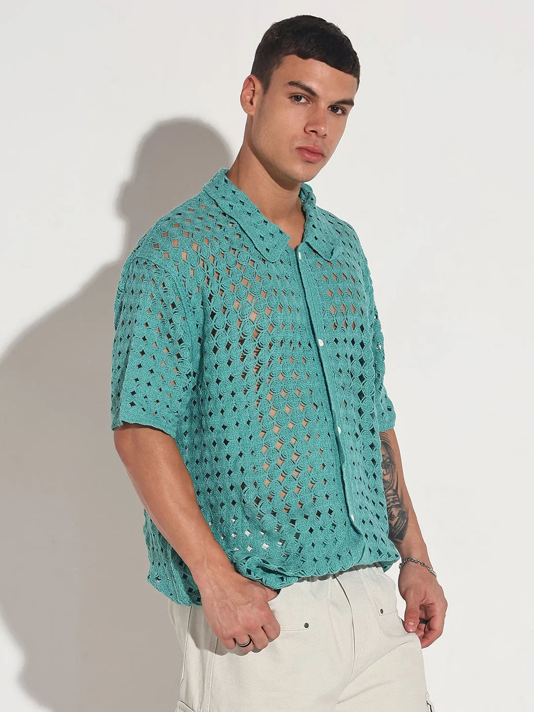Work Mix Men's Blue Crochet Open Weave Short Sleeve Shirt