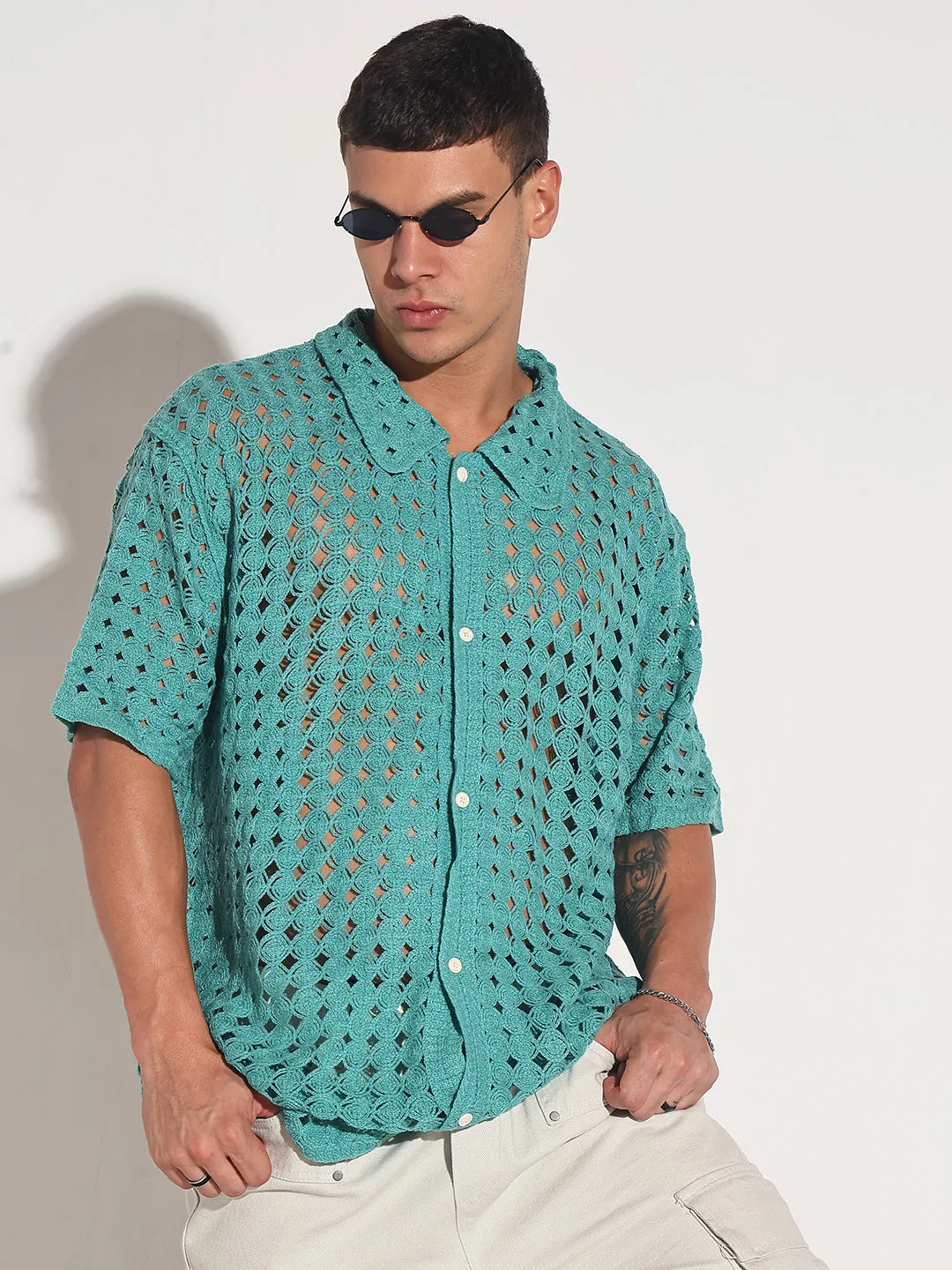 Spanish Glow Pure Linen Blend Men's Blue Crochet Open Weave Short Sleeve Shirt