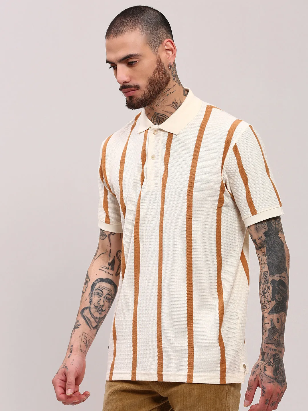 Breathable Lining Wind Block Men's Cream Striped T-Shirt