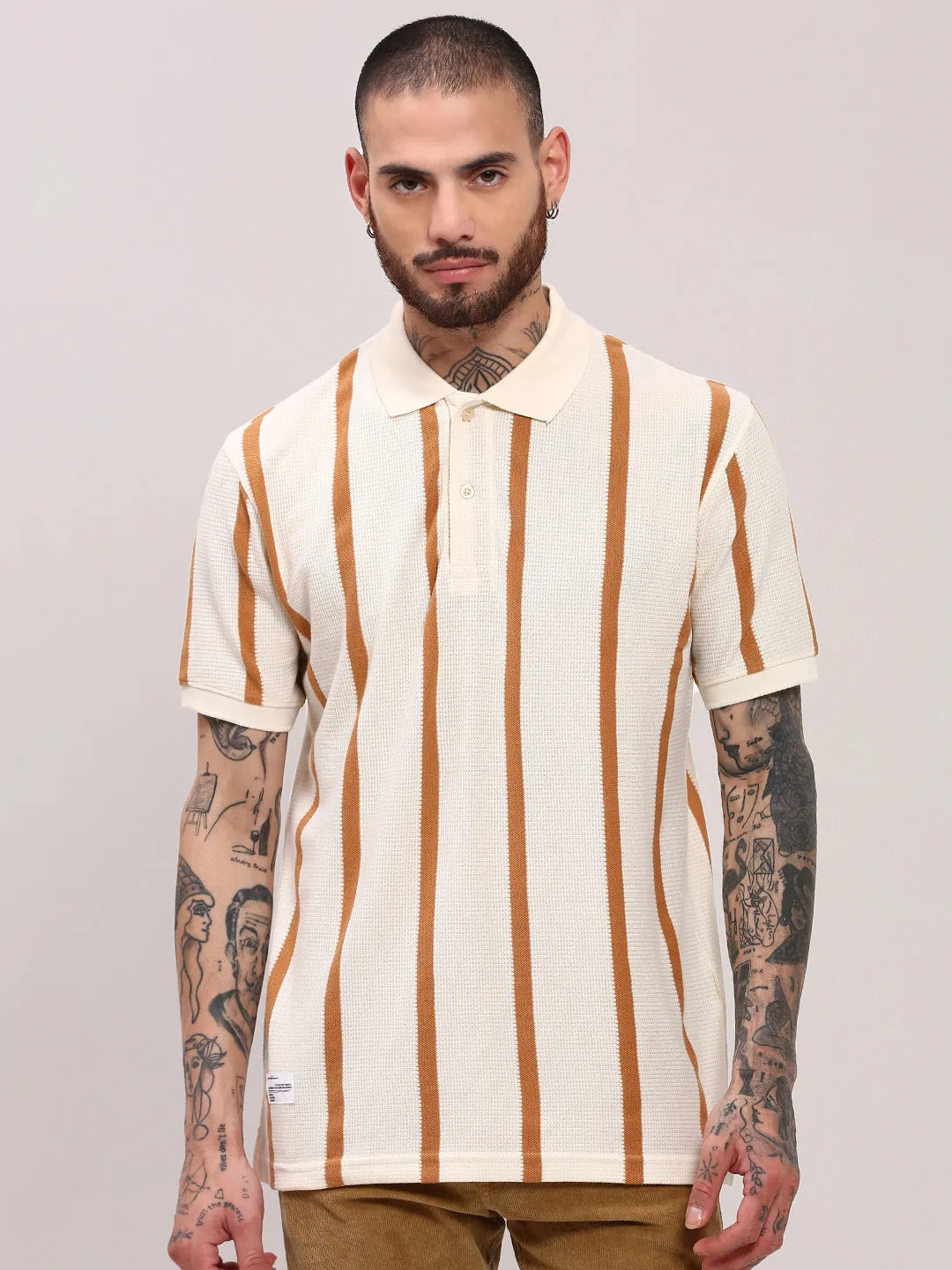 Bio Glow ElasticFree Men's Cream Striped T-Shirt