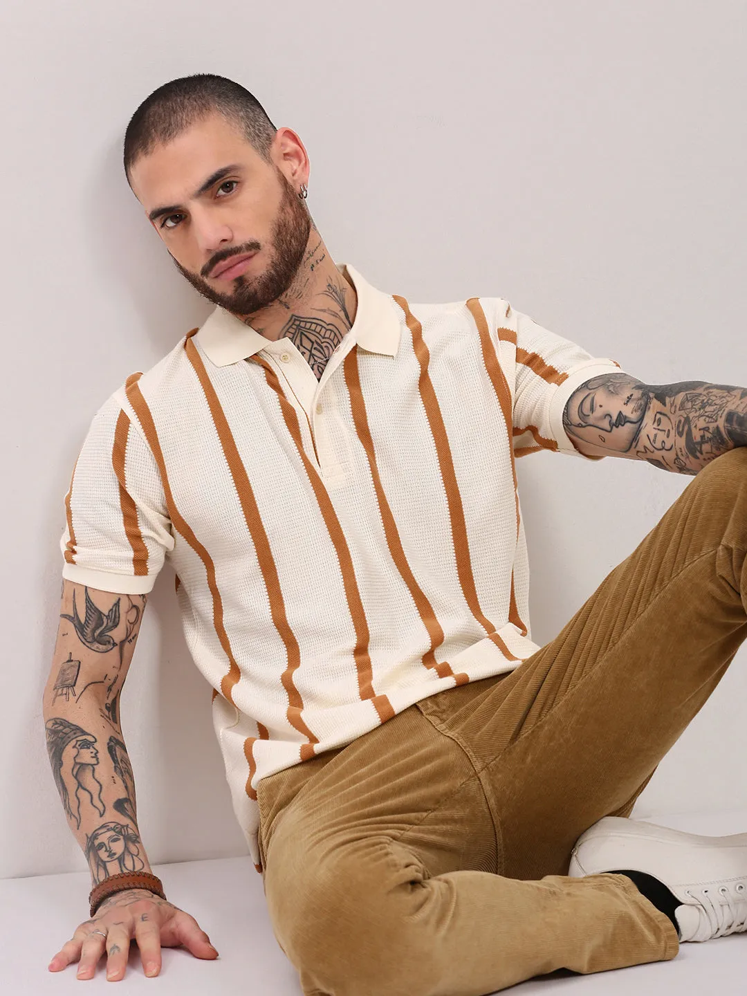 Men's Cream Striped T-Shirt Matte Tone Soft Sweater